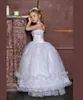 웨딩 플로어 길이 Tulle 레이스 Applique 보우에 대한 공 가운 꽃 파는 아가씨 Dresses 민소매 흰색 Girls 미인 대회 드레스 파티 Evening Wear Prom