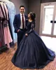 Bateau Lace Satin masquerade Ball Gown African Evening Formal Dress Navy Blue Long Sleeve Prom Dresses vestidos Plus Size