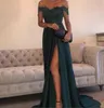 Dresses Evening Gowns A-Line Hunter Green Chiffon High Split Cutout Side Slit Lace Top Sexy Off Shoulder Hot Formal Party