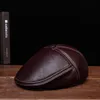 Winter Real Leather Black/Brown Fitted Thicken Beret Caps For Man Eldly Dad Head Warm Velvet Boina With Line Ear Flap Hats
