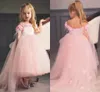 Off The Shoulder Pink Flower Girls Dresses Sheer Neck Feather Tulle Satin Ankle Length Princess Children Birthday Wedding Party Dresses