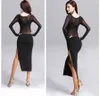 Latin Dance Dress Women Salsa Dress Tango D375 Med Underkläder Split Hem Sexig Sheer Top Long Sleeve