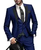 Özelleştirmek yakışıklı damat smokin bir düğme lacivert zirve yaka Groomsmen düğün erkek blazer parti takım elbise (ceket + pantolon + yelek + kravat) J702