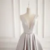 Silver Gray Evening Dress Long Prom Dresses Elegant Satin Scoop Sheer with Beading Pleats Satin Long Prom Dresses Custom Made Plus Size