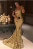 Varrer Trem Slinky Elegante Strapless Lantejoula Ouro Prom Vestido Longo Sereia Evening Vestido Best Gold Night Dress On-line