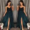 V-Ausschnitt Spaghetti Spitze Perlen-Sweep-Zug Arabisch Split sexy Abendkleider Teal Green Slit Meerjungfrau Prom Kleider