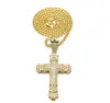 Retro Gold Charm Wiselant Pełny lód na zewnątrz CZ symulowany Diamonds Catholic Crucifix Naszyjnik z długim łańcuchem kubańskim 7285948