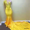 Long Sleeves Mermaid African Black Girls Party Gowns Sexy Lace Applique Yellow One Shoulder Prom Dresses Vestido De Festa Prom Dress