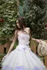 Seksi Illusion Straplez Balo Elbise Degrade Renk 3D Çiçek Aplike Katmanlı Etekler Tül Parti Abiye