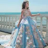 New Fashion Princess Ball Gown Ragazze Abiti da spettacolo Gioiello Collo Lunghezza del pavimento Fiori fatti a mano Abiti da ballo per bambini Abiti da ragazza di fiori