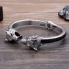 Высококачественная черная кожа с большим 316L из нержавеющей стали Biker Open Wolf Head End Brangle Brangle Mens Bracelet 8 мм 67 мм Inne7241257