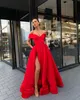 Long prom Dress 2018 Sexy High side Slit V-neck off shoulder Arabic Style Dubai Women stain Floor Length Red Formal Evening Gowns