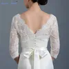 2019 new lace Bridal Jacket v neck Wedding boleros 3/4 Sleeves applique white/ivory ruched Cheap jackets Wraps covered buttons with v back