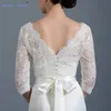 2019 novo laço nupcial jaqueta v neck Boleros 3/4 mangas applique branco / marfim ruched casacos baratos envoltam botões cobertos com v volta