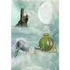 Fond de cabine Photo de fête licorne de conte de fées, imprimé chariot vert, nuages épais, lune, vieux château, arrière-plan d'anniversaire pour bébés et enfants