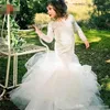 Ivory White Lace Mermaid Wedding Flower Girl Dresses Sheer Long Sleeves Plus Size Formal Little Kids Communion Birthday Party Gowns