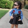 Nuovi bambini Neonate Abiti Outfit Floral Denim Shirt Top + Tutu Gonna nera Due pezzi a Set Vestiti Kid Girl Toddler Boutique Abbigliamento 1-6Y