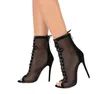 Mulheres Sapatos de Salto Alto Malha Peep Toe Ankle Boots Cinza Senhoras Botas Lace Up Preto Saltos de Verão Sexy See-Through sapatos