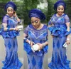 Royal Blue Mermaid Evening Formella Klänningar Lång Jewel Lace Illusion Sleeves Nigerian Lace Styles Billiga Ruched för Black Women Prom Dress