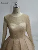 Mode vrouwen lange mouw hoge lage avondjurk champagne sequine prom jurk korte front lange rug feestjurk