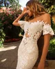 Sexy Spaghetti Mermaid Wedding Dresses Off Shoulder Covered Buttons Lace Applique Sweep Train Bridal Gowns Vestidos De Noiva