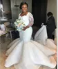 South African Mermaid Wedding Dresses Lace Appliques Plus Size Sheer Long Sleeves Bridal Gowns Satin Sweep Train Wedding vestito da sposa