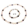 Hand made natural beautiful multicoloured 8-9mm cultured freshwater pearls necklace, bracelet earrings set fashion jewelry