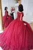 2022 Burgundy Puffy Ball Gown Quinceanera Dresses Scoop Neck Long Sleeves Lace Applique Beaded Sweet 16 Party Pageant Prom Evening9747807