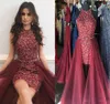 Yeni Sparkly Bordo Kırmızı Kısa Tulumlar Abiye Jewel Boyun Kolsuz Kristal Boncuk Kılıf Tül Overskirt Kokteyl Parti Elbiseleri