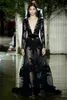 Nieuwste Zuhair Murad Sexy Black Prom Deep V Neck Shiny Lace Applique Illusion Lange Mouwen Formele jurken Avondslijtage