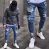 Mężczyźni Stylowe Ripplate Jeans Biker Slim Prosto Frayed Denim Spodnie Moda Skinny Spodnie