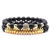 2 stks / set Micro Pave CZ Disco Ball 8mm Natuursteen Energie Bead Armbanden Armbanden Dames Klassieke Punk Gold Silver Men Armband