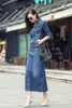 Nowa koreańska moda damska obroża Down Down Niriety długie rękawy Patchwork Dżins dżinsy Sashes Maxi Long Dress Plus Size 3xl