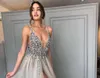 Shinning Sexy Prom Dresses Side Split Sequins Beading Deep V Neck Cocktail Dresses Evening Wear Tulle Backless Party Prom Gowns HY189