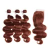 Copper Red Hair Bundles # 33 Auburn Wiązki Włosów Z Koronką Zamknięcie Ciała Fala Brazylijski Human Virgin Hair Extension 3 z góry Zamknięcie