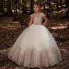 Elegant Princess Flower Girl Dresses Long For Weddings Short Sleeve Applique Lace Tulle Children Wedding party Girls Pageant Dress Kids First Communion Gowns