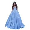 Beautiful Baby Blue Prom Dresses With Lace Appliques Off The Shoulder Floor Length Elegant Formal Quinceanera Gowns DH4158