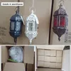 Multicolor Glass Moroccan Hanging Lantern Candle Holder Romantic Iron Hurricane Lamp for Patio Outdoor Parties Wedding