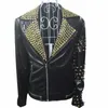 High Quality Men Red Black PU Leather Jacket Coat Tide Male Nightclub Bar DJ Singer Rivet Outerwear Rock Punk Dance Performance Stage Outfit