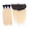 Vierge Péruvienne Blonde Ombre Bundles de Cheveux Humains Offres 3Pcs avec Full Frontals Dark Rooted Ombre Blonde Hair Weaves avec Lace Frontal 13x4