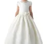 Princesa branco primeira comunhão vestidos pequenas flores meninas vestido de festa de casamento mangas curtas cetim vestidos de comunhão 20229693409