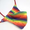Mens Sexy Thong Mini Pouch Diamond Back Rainbow Stripes Prints Stretchy Swimsuit Tricot G4504 Men Underwear