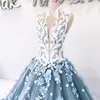 Glamour fleurs faites à la main robe de soirée sexy col haut perles dentelle appliques tulle robes de bal robe de bal élégante dubaï longue soirée292k