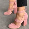 Donne Taglie Forti Cinturino Alla Caviglia Tacchi Alti Flock Scarpe Da Gladiatore Stringate Tacco Spesso Moda Donna Pompe Da Sposa Per Feste