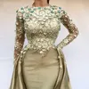 Ciężka Długa Syrenka Sukienka Z Overskirt Długie Rękawy Kwiatowa Koronkowa Aplikacja Tafta Suknie Wieczorowe Sexy Robe De Soiree Dubai Formalne zużycie