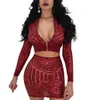 Pullu Kıyafetler Seksi Kulübü Parti Iki Parçalı Bodycon Kadınlar Sparkly Ünlü Elbiseleri Pullu Kırpma Üst ve Mini Etek Takım DW680