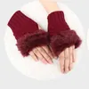 1ペアウールブレンドフェイクウサギの毛皮の女性の指のない手袋ニットかぎ針編みの冬手袋暖かいミトンガントフェムメーのための女の子