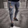 Män Snygg Ripped Jeans Biker Slim Straight Frayed Denim Trousers Fashion Skinny Pants