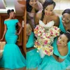 2019 Republika Południowej Afryki Nigerii Junior Druhna Suknie Plus Size Mermaid Maid of Honor Suknie na ślub Off Ramię Turquoise Tulle Sukienka