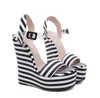 15cm Sexy women platform wedges sandals black white striped PVC strappy shoes designer high heel size 35 to 40